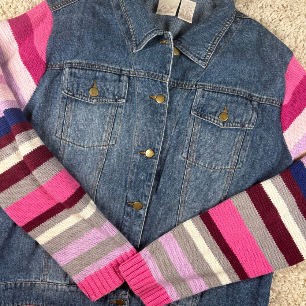 Vintage Fiorini International Womens Denim Jacket Large Blue Pink‎ Striped Knit